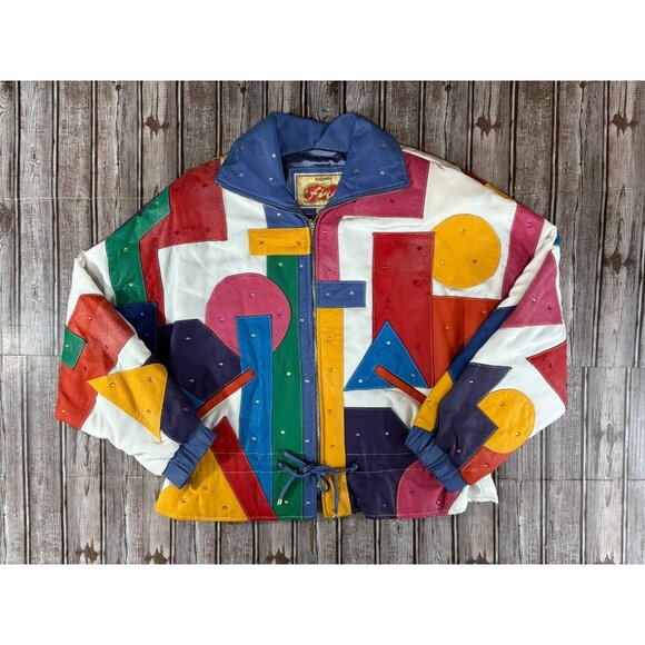 Avanti Fino Leather trim polyester colorblock Bomber Jacket sz L New VTG 80's - Picture 1 of 9
